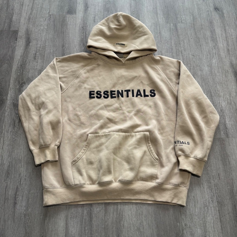 Fear of God Essentials Hoodie Tan Beige Black Logo Streetwear XL